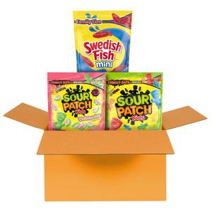 SOUR PATCH KIDS Original, SOUR PATCH KIDS Watermelon, and SWEDISH FISH Mini Soft & Chewy Candy Variety Pack, Family Size, Bulk Candy, 3-1.8 lb Bags (EXP 12/13/25)