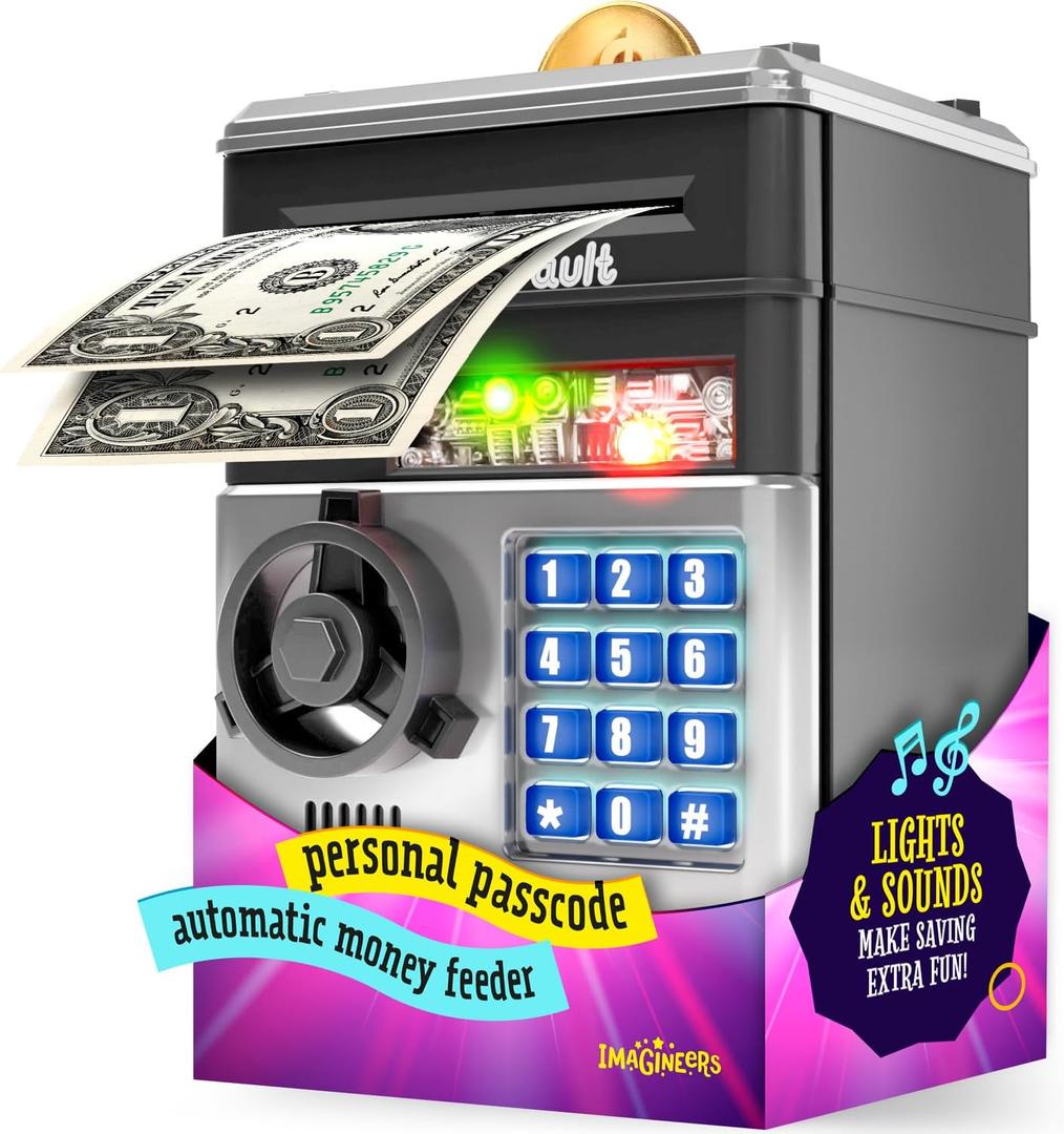 Piggy Bank for Kids - Electronic Money Saving Box w/Code- ATM Safe - Toy Coin Bank - Christmas Boys Toys for Age 3,-9  Birthday Gifts for 8- 12 Year Old Boy and Girl (Black & Silver)