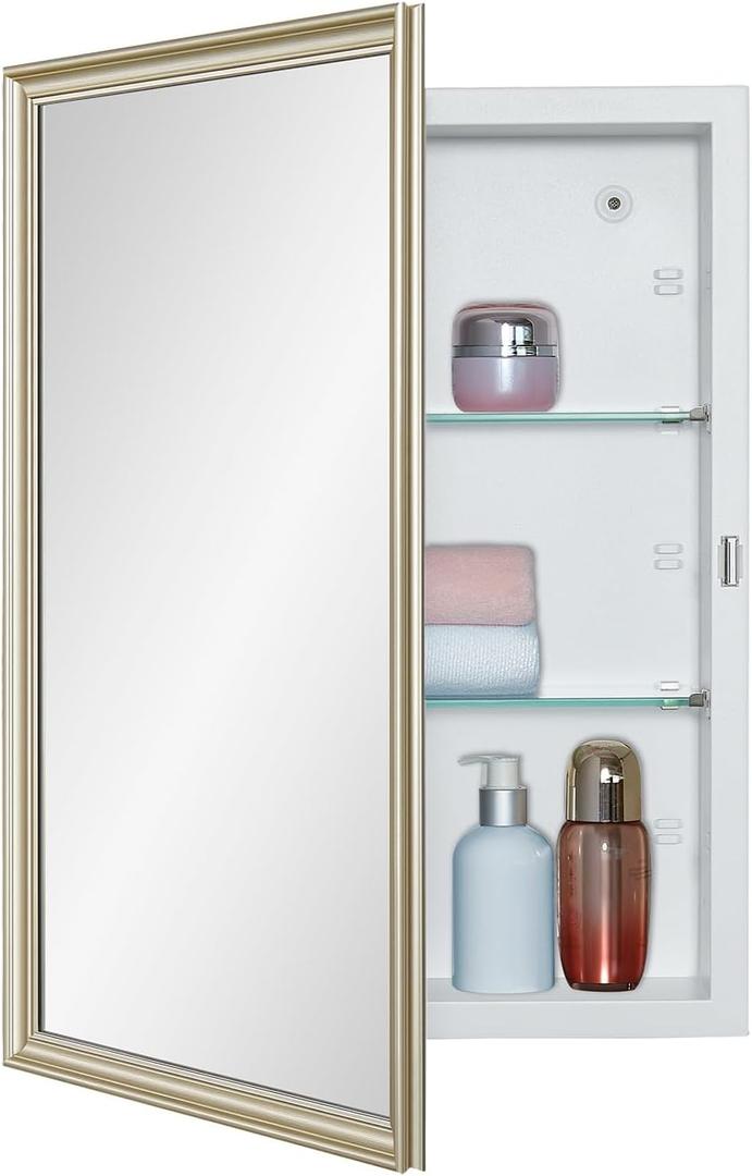 White Medicine Cabinet with 16x22 Inch Gold Frame Mirrored Door, Wall Mounted Storage, Recessed or Surface Mount, 2 Adjustable Glass Shelves, Vanity Organizer for Bathroom, Bedroom, Hallway