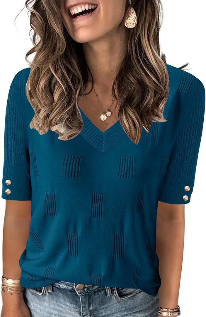 AKEWEI Womens V Neck Sweater Short Sleeve Lightweight Knit Summer Fall Tops with Decorative Buttons (X-Large, Blue Green)