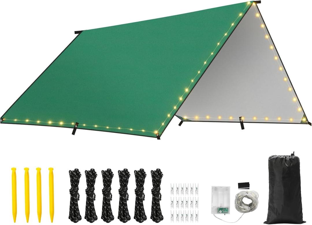 Rhino Valley Waterproof Tent Tarp, 9.8*9.8 Ft Large Outdoor Shelter Cover with Light Strings, Lightweight Portable Tarp Shelter Rain Tarp Camping Canopy for Hiking Traveling Backpacking (Dark Green)