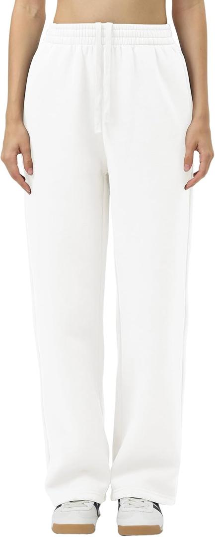 FAIABLE Women's Wide Leg Sweatpants Fleece Lined Sweatpants Baggy Straight Leg Lounge Pants Outfits Athletic with Pockets (X-Large, White)