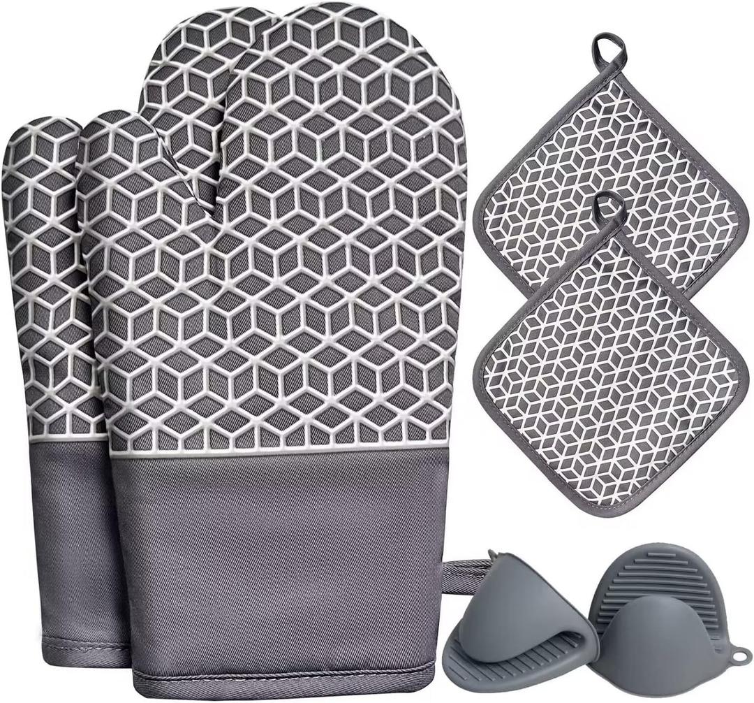 Oven Mitts and Pot Holders Sets 6pcs, Thick Cotton Oven Gloves High Heat Resistant 500with Extra Long Oven Mitts and Hot Pads Potholders with Non-Slip Silicone Surface for Cooking Baking (Gray)