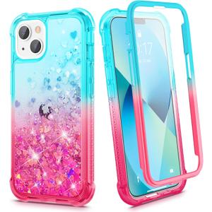 Ruky iPhone 13 & 14 Glitter Case, Full Body Rugged Cover with Built-in Screen Protector, Shockproof Protective Girls Women Case for iPhone 13 & 14 6.1', Teal Pink