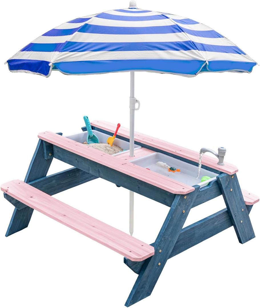 Kids 3-in-1 Sand & Water Table, Wood Outdoor Convertible Picnic Table w/Umbrella, 2 Trays, Removable Top with Faucet, Picnic Table for Outdoor (Pink/Navy)