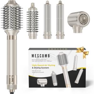 MESCOMB 5-in-1 Hot Air Styler Kit – 110, 000 RPM Fast-Drying Dryer, Auto-Wrap Curlers, Straightening & Volumizing Brushes All-in-One (Champagne White)