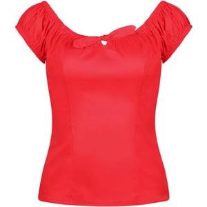 YARN & INK Women's Pinup Shirt 1950s Vintage Rockabilly Puff Sleeve BowBlouse Off Shoulder Tops (Large, Red)