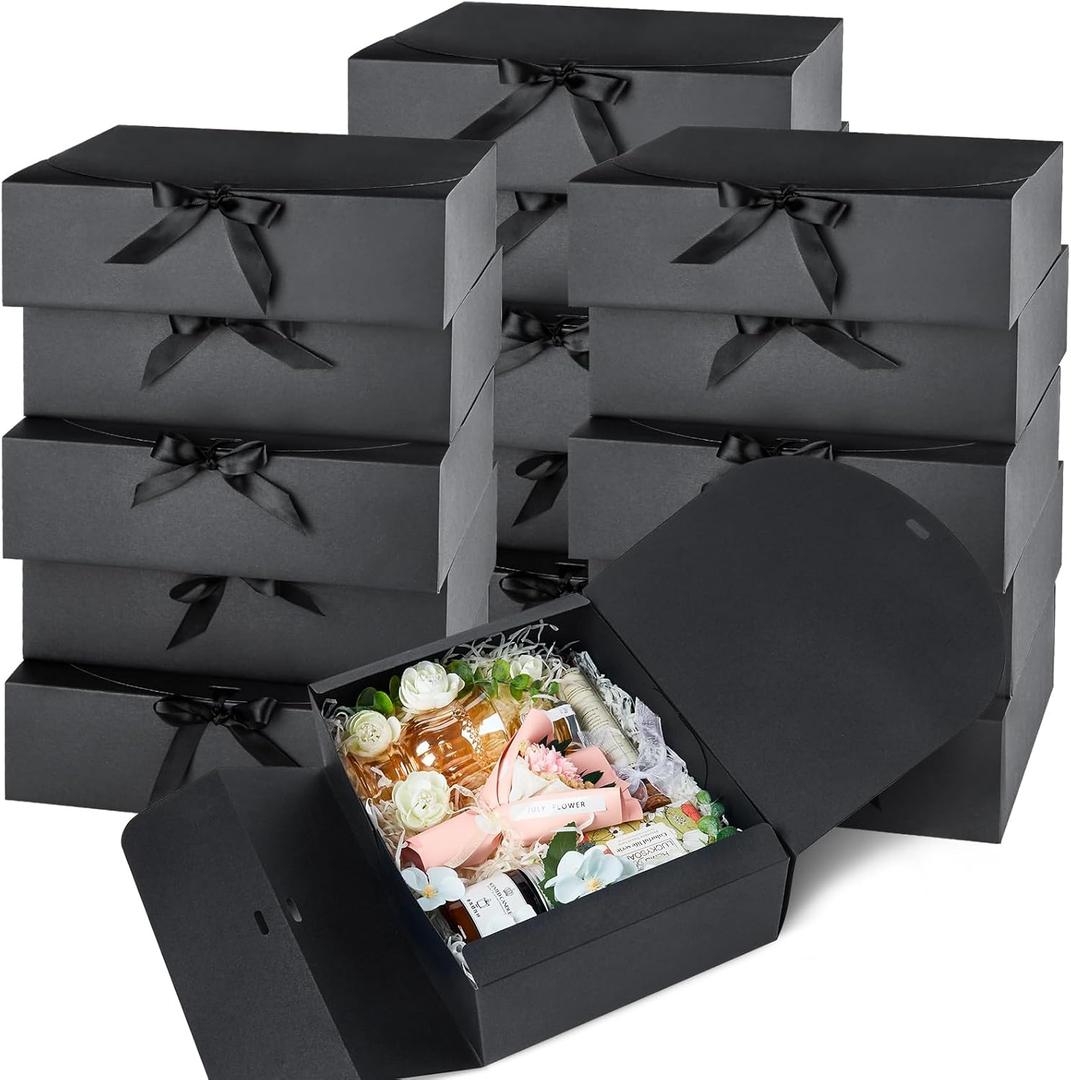 Kucoele 15 PCS Gift Boxes with Lids, 10.6 x 7.8 x 3.1 Inches Bridesmaid Gift Boxes, Black Proposal Boxes with Ribbons for Wedding, Birthday, Graduation Present Packaging