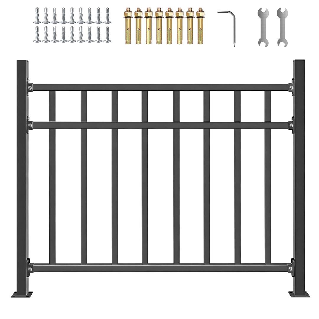 40" H x 48" W Black Upgrade Horizontal Deck Railing Kit | Heavy Duty Wrought Iron Outdoor Guard Fence Handrail | Flat Hand Rails for Porch, Balcony, Patio, Deck