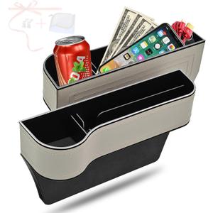 Car Seat Gap Filler Organizer, 2 Pack Multifunctional Car Seat Organizer, Auto Console Side Storage Box with Cup Holders 2 Seat Hooks for Drink, Car Organizer Front Seat for Holding Phone, Sunglasses (Light Gray Silver)