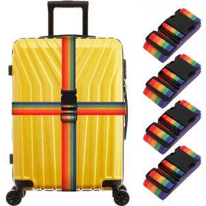 Adjustable Luggage Straps, Wide Travel Secure Belt for Suitcase with Name ID Card, Luggage Accessories to Secure Bag Cargo Safe Quick-Release, Rainbow Color, (Pack of 4) 