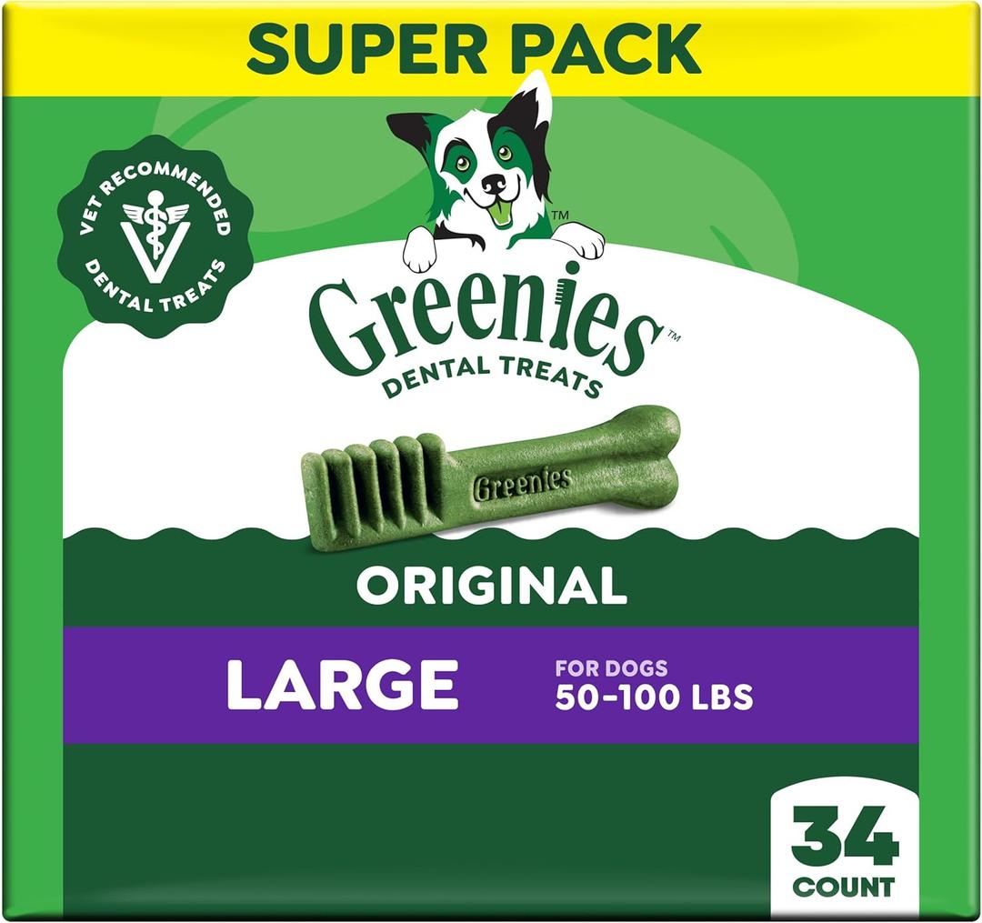 Greenies Veterinarian-Recommended Adult Natural Dental Dog Treats Large Size, Dog Dental Chews, Original Flavor, 54 oz. Pack, 34 Count (EXP 08/28/27)