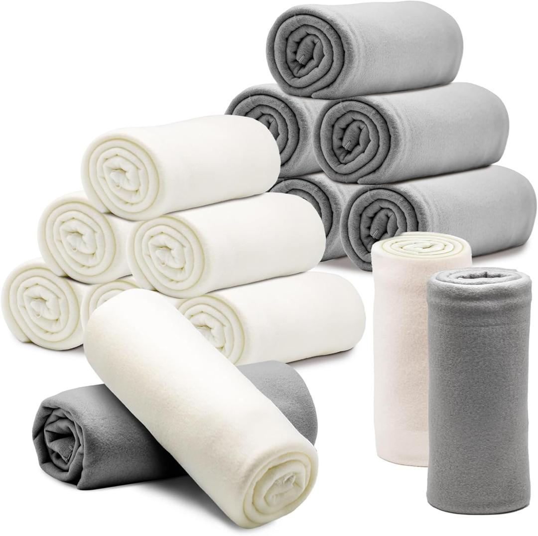 12PCS Fleece Throw Blankets Bulk 60 x 50 in Soft Blankets Fabric Warm Lightweight Wool Blanket Cozy Coverlet for Beds Sofas Home Wedding Season(Beige + Light Gray)