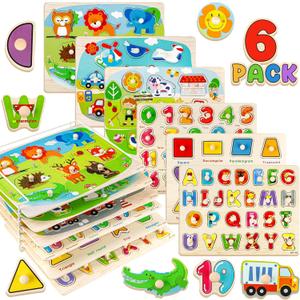 6 Pack Wooden Puzzles for Toddlers, Peg Toddler Puzzles Include Alphabet Number Shape Animals Vehicle Farm Puzzles with Storage Rack Preschool Educational Learning Toys for 1 2 3 4 5 Boys Girls (Multi)