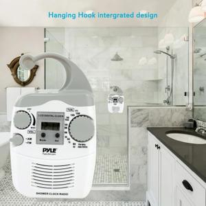 Hanging Waterproof Shower Clock Radio - Wireless Mini Portable Waterproof Battery Operated Shower Radio Speaker w/ Digital Clock, LCD Screen for Home, Beach, Hot Tub, Bathroom, Outdoor - Pyle PSR6