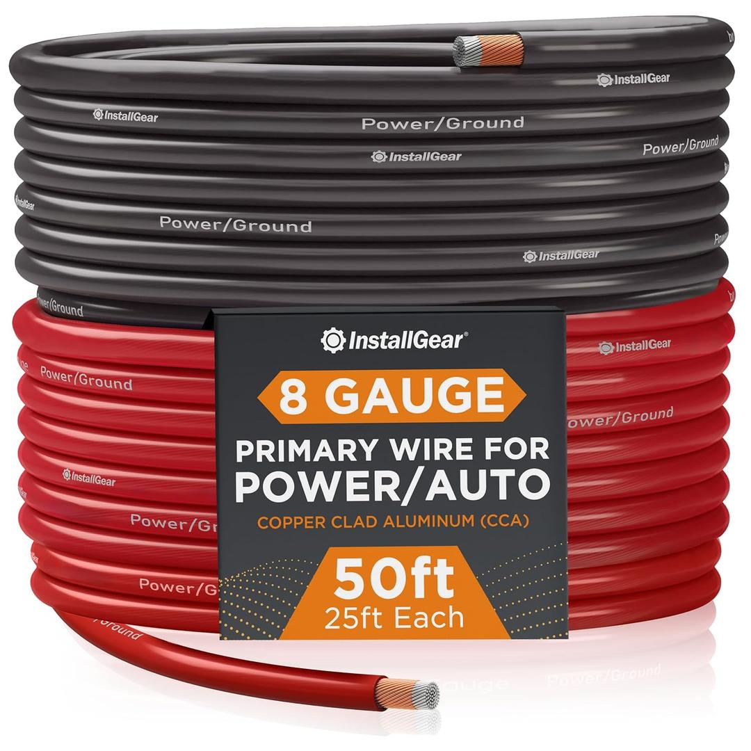 InstallGear 8 Gauge Wire (50ft) Copper Clad Aluminum CAA - Primary Automotive Wire, Car Amplifier Power and Ground Cable, Battery Cable, Car Audio Speaker Stereo, RV Trailer Wiring Welding Cable 8ga (Red + Black)
