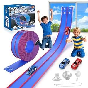 DKOXT Flexible Race Track for Kids 15 Feet of DIY Flex Track Race with 2 Cars & 3 Strong Suction Cups Car Ramp Toy Track, for Kids Ages 3+, Blue