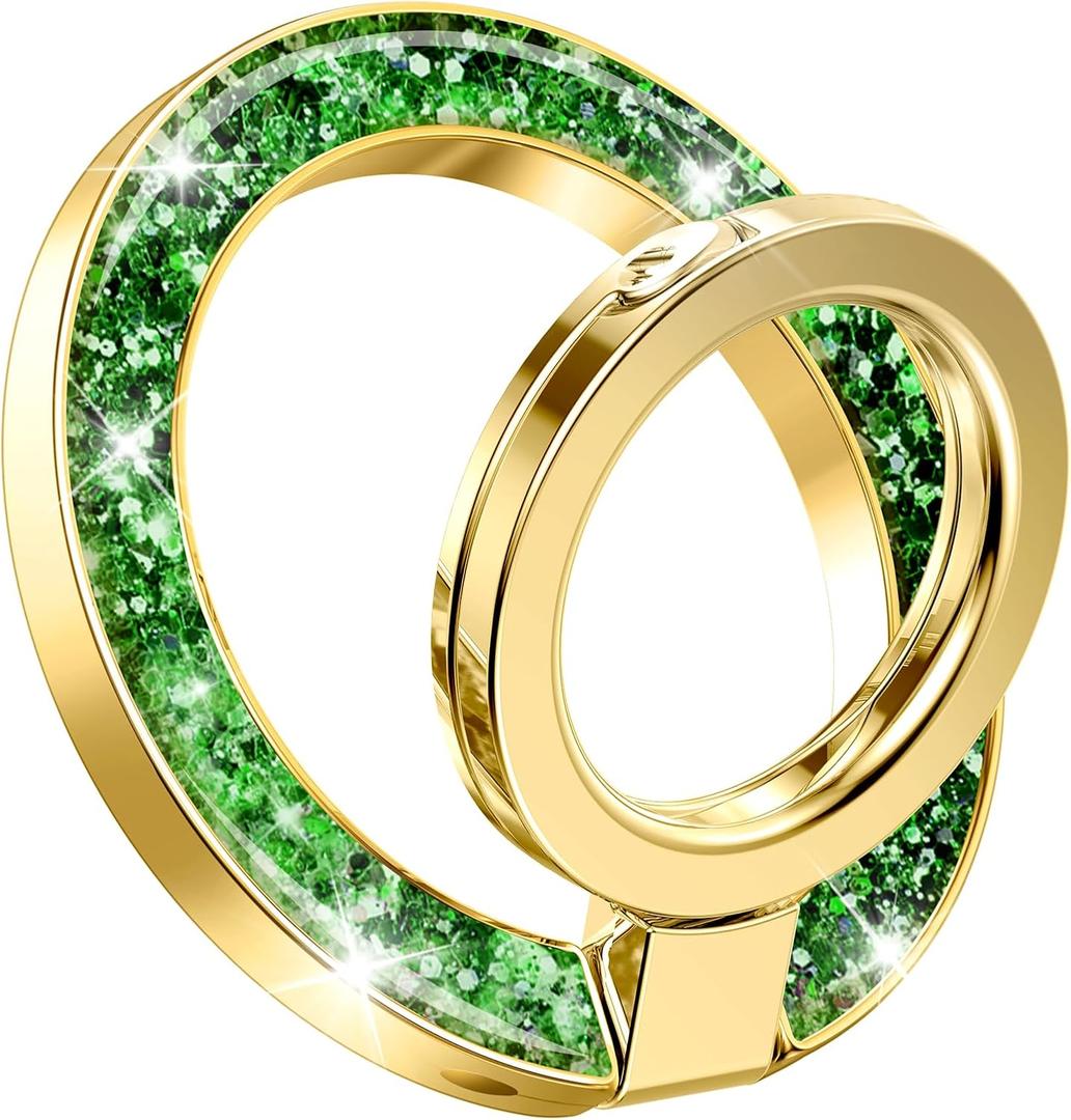 GVIEWIN Magnetic Phone Ring Holder, Compatible with MagSafe Phone Grip with Adjustable Stand, Magnet Phone Ring Kickstand for iPhone 17/16/15/14/13/12 Pro Max Plus Air/Other Phones (Glitter/Green)