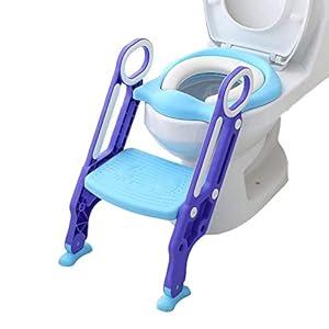 Potty Training Toilet Seat with Step Stool Ladder for Kids and Toddlers Adjustable Toilet Training Seat with Soft Not-Cold Padded Seat Safe Handles and Non-Slip Wide Steps, Purple and Blue