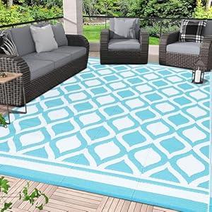 VK·LIVING Outdoor Rug 8'x10' Outdoor Patio Rugs Indoor Rugs Waterproof Rugs Carpet Outside Plastic Rug Outside Rug, Outdoor Mats for Camping, RV, Beach, Balcony, Backyard, Deck, (Plaid-Blue) 