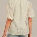 Women's V Neck Blouses Dressy Casual Puff Short Sleeve Shirts Hollow Summer Tops Business Women, L (White)