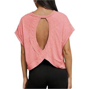 SOLY HUX Women Open Back Tops Workout Backless Tee Casual Athletic Shirts Short Sleeve Oversized Gym T Shirt (Large, Solid Pink)