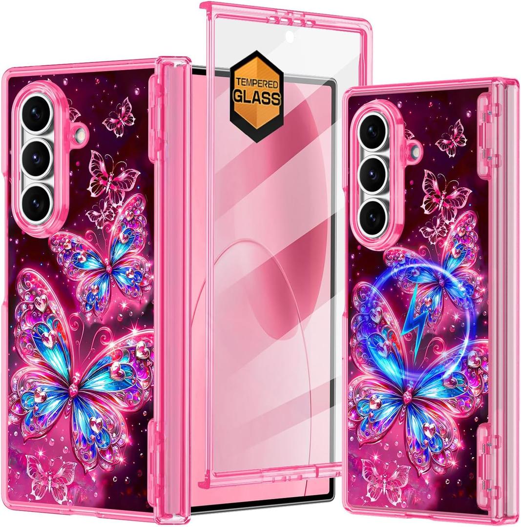 Hekodonk for Galaxy Z Fold 7 Case,[Compatible with MagSafe][Glow in The Dark][Front Screen Protector][Stand][Hinge Protection],Slim Fit for Women Girls for Samsung Galaxy Z Fold 7,Butterfly