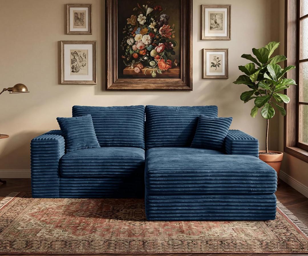 75'' L-Shaped Cloud Modular Sectional Couch with Chaise, Modern Corduroy Memory Foam Sofa Bed, Upholstered Boneless Deep Seat Fluffy Sleeper Sofa, for Living Room, No Assembly Needed (Blue)