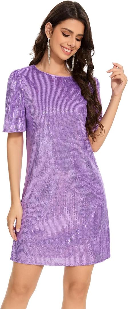 FEMI SEMI Women Puff Short Sleeve Sparkle Shift Dress Crewneck Sequin Shimmer Cocktail Party Dress (Purple, S)