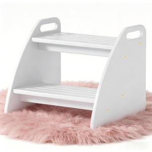 Bamboo 2 Step Stool 300lbs Capacity, Wooden Two Step Stool with Non-Slip Handles, Heavy Duty Stepping Stool for Bedside High Beds Adults, Sturdy Small Bathroom Kitchen White Step Stool