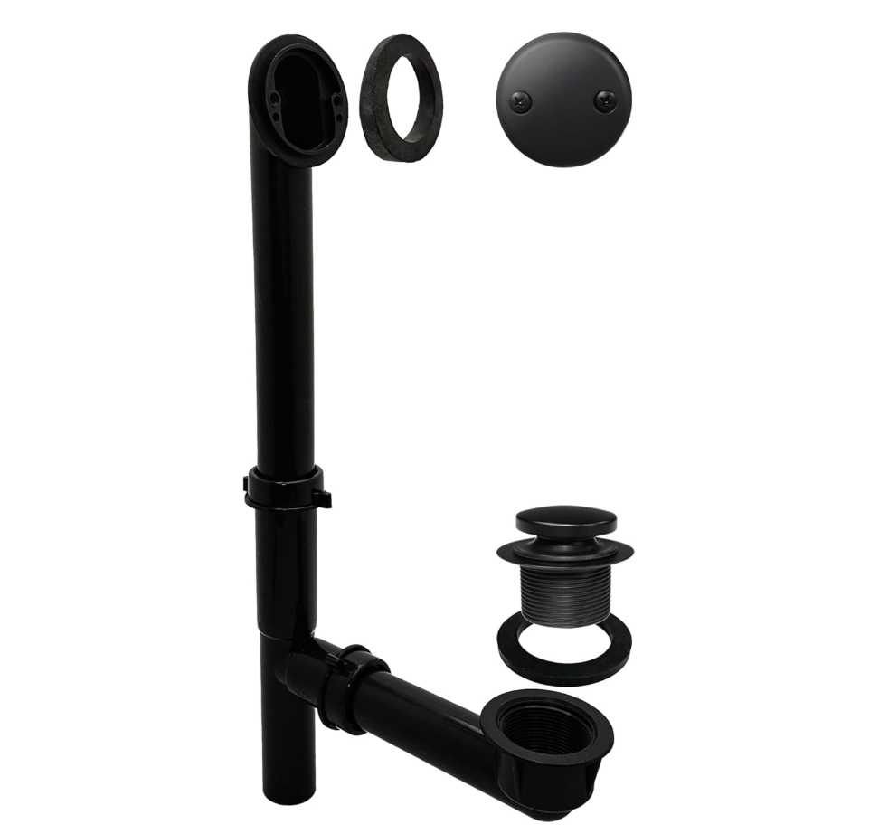 Westbrass 593144-62 14" Black Tubular Bathtub Waste & Overflow Assembly with with Tip-Toe Drain Plug and 2-Hole Faceplate, Matte Black