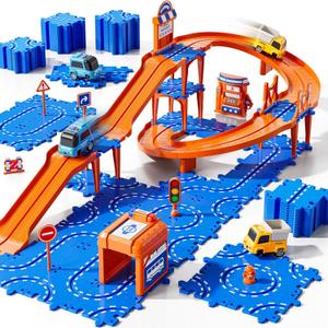 Toddler Puzzle Race Cars Track Toys for Kids Age 3-5 2-4 Years, 59PCS Puzzles Car Track Set Includes 2 Cars and Road Signs, Educational Birthday Gifts for Kids, Boys and Girls