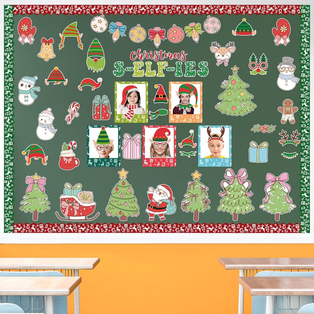 155Pcs Christmas Selfie Bulletin Board Decoration Set, Christmas Headwear Paper Cutouts DIY Photo Craft Cutouts Bulletin Board Border Trim, Classroom Chalkboard Supplies Wall Door Decor