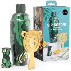 2 x NEW OTOTO Cocktail Shaker Set - Bartender Kit with Lion Cap, Bar Cart, Bar Accessories, Drink Shaker, Cocktail Shaker with Strainer, Unique Gift Set, Kitchen Set, Kitchen Gadgets (Sip Safari)