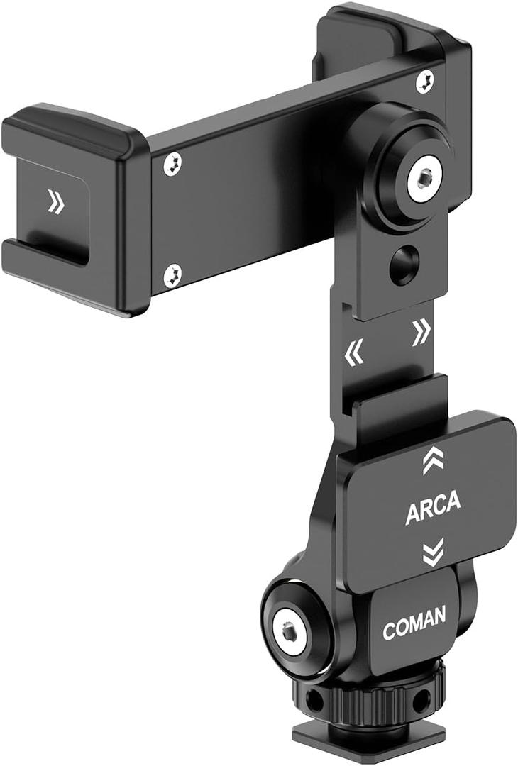 COMAN Metal Phone Tripod Mount - Holder Stand with 3 Cold Shoes & Arca Port, Universal Smartphone Mount Adapter, 360 Rotates Adjustable Cell Phone Clip Clamp Holder Fits iPhone 15 Pro Max Galaxy S24