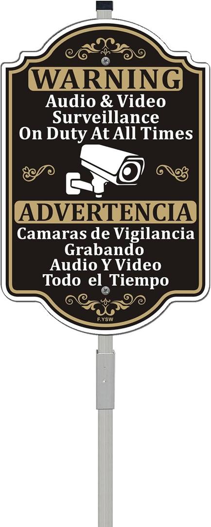 Warning Audio & Video Surveillance On Duty At All Times Bilingual English Spanish Sign 12" x 8" With 35" Long Metal Stakes - Property Protected Security Alarm Camera No Trespassing