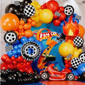 ALL-IN-1 Race Car Balloon Arch Kit with BONUS Flame & Race Car for Hot Wheels Birthday Decorations - Monster Truck Balloons for Hot Wheels Party Decorations - Hot Wheels Balloons, Monster Truck Party (Red, Blue, Yellow, Orange)