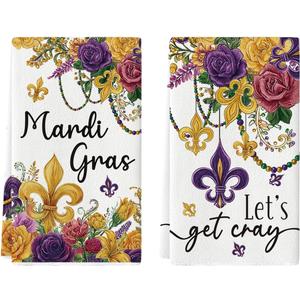 Artoid Mode Florals Iris Get Cary Mardi Gras Kitchen Towels Dish Towels, 18x26 Inch Farmhouse Decoration Cleaning Set of 2