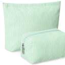 Huhumy 2 Pcs Makeup Bag Set Cute Cosmetic Pouch for Women Seersucker Travel Toiletry Bag Preppy Small Makeup Purse Pouch Aesthetic Skincare Brushes Storage Organizer for Valentine Women(Green)