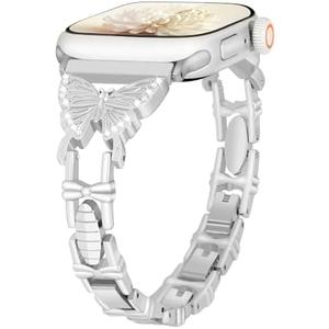 Hyeelun Metal Band Compatible with Apple Watch Bands 38mm 40mm 41mm 42mm(Series 10), Dressy Butterfly Band with Shiny Diamond for Women Strap for iWatch Bands Series 10/9/8/7/6/5/4/3/2/1, Silver