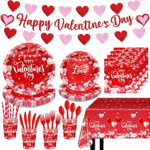 Valentine's Party Decorations 196 Pcs Valentines Plates and Napkins,Cups,Tablecloth Serve 24 Red Heart Valentine Banner Happy Valentine's Day Dinnerware Set Valentines Party Supplies