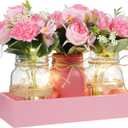 Honeydak 9 Pcs Mason Jar Centerpiece for Dining Room Table with Farmhouse Wood Tray, 3 Mason Jars, 6 Fake Flowers, and 2 LED Light for Room Kitchen Living Bathroom Wedding (Peony)