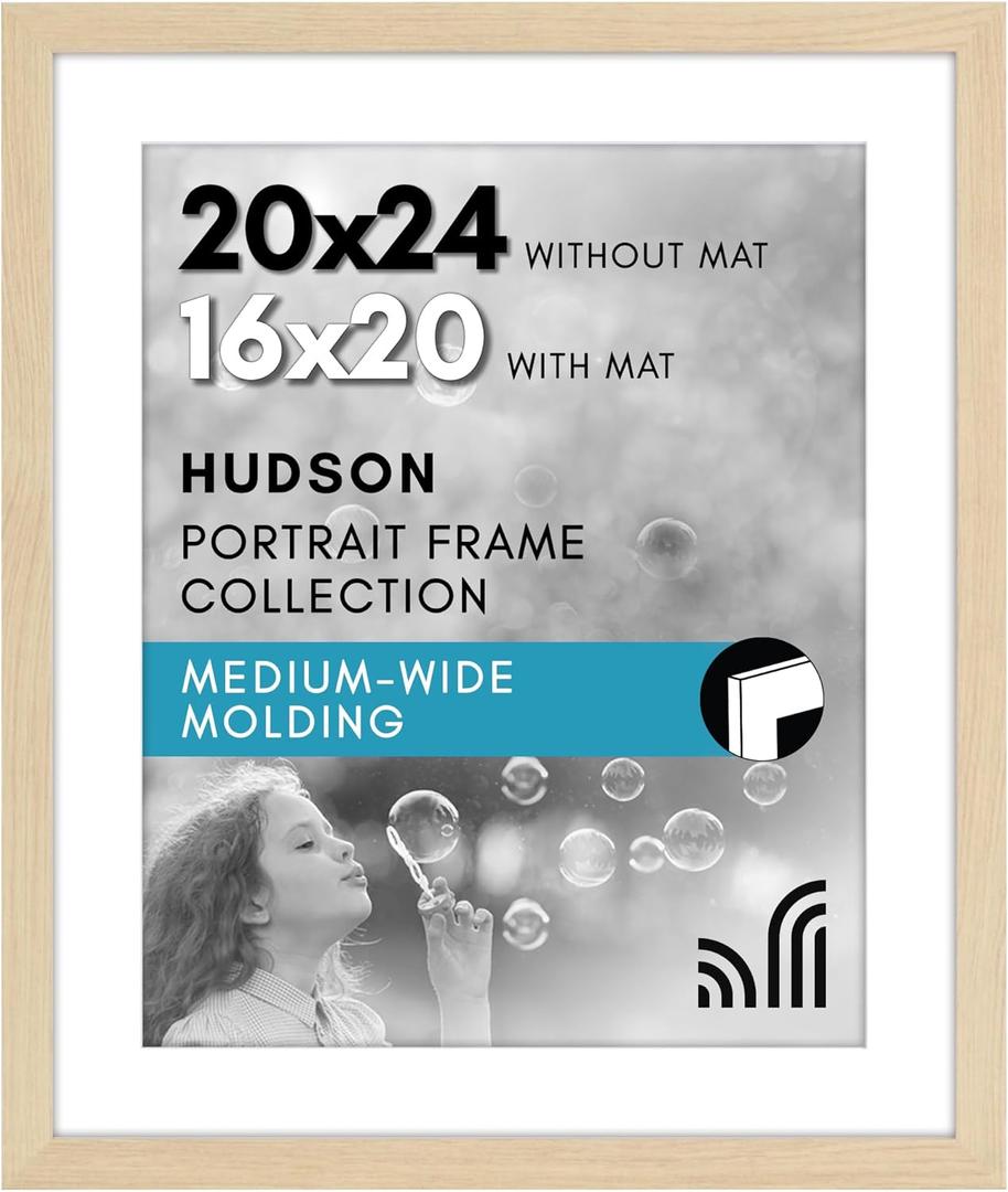 Americanflat 20x24 Picture Frame with Polished Plexiglass - Use as 16x20 Frame with Mat or Display 20x24 Photo Without Mat - Hudson Collection - Wide Picture Frames for Wall Display - Natural Oak