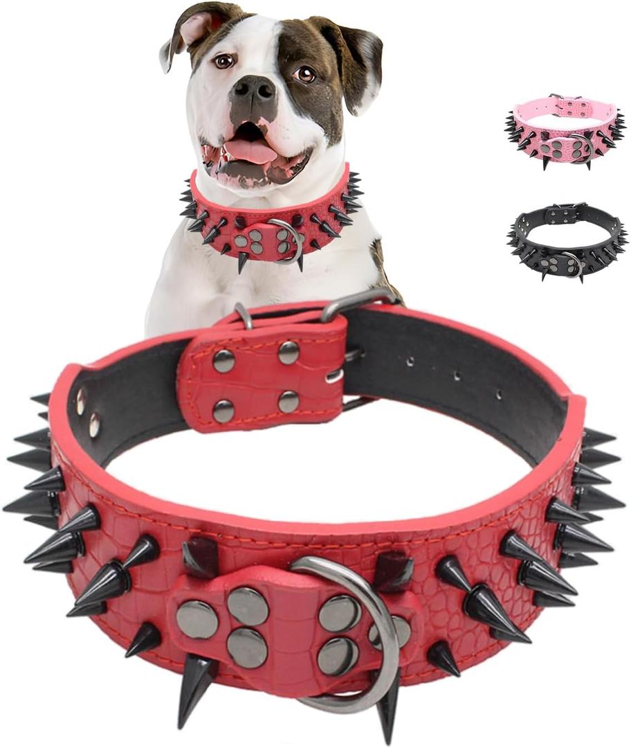 Spiked Dog Collar, Sharp Spike Studded Anti-Bite Protect Pets Neck Adjustable for Medium Large Breed Dogs as Mastiff Pitbull Pug Bulldog, Black Rivets 2-Inch Wide Red, M 19-22"