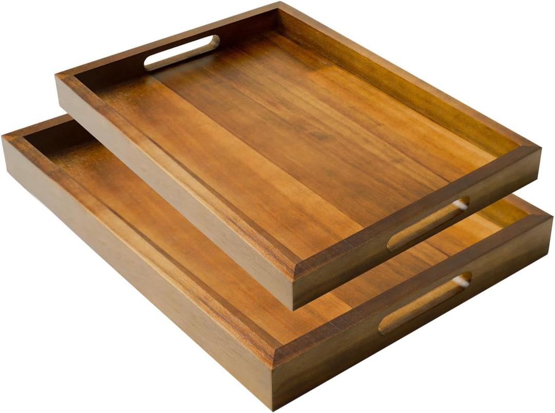 2 Sizes Acacia Wood Serving Tray with Handles, 17x13 & 16x12 inch Rectangular Ottoman Trays, Decorative Wooden Tray for Food, Drinks, Coffee Table, Living Room, Kitchen, Brown, 2 Pack
