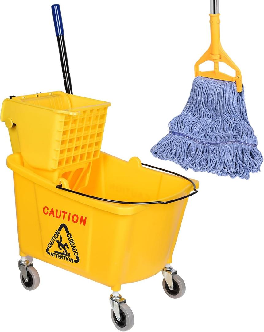 Side Press Wringer Combo Commercial Mop Bucket on Wheels, Including 1 Set Commercial Mop Handle with 1 Pack Blue Mop Heads, 35 Quart, Yellow Bucket