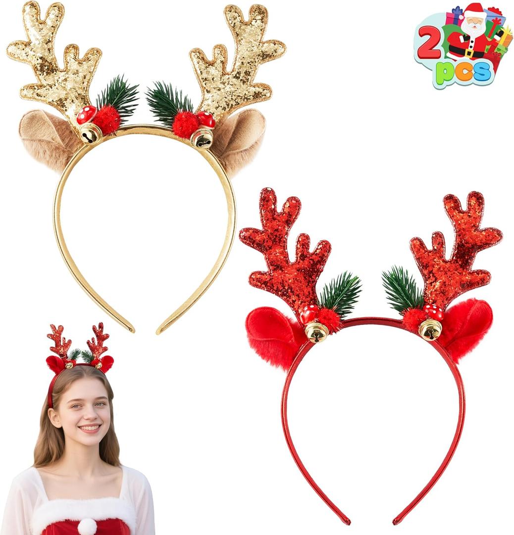 JOYIN 2 Pcs Golden & Red Reindeer Headbands with Glitters, Reindeer Antlers Decor with Cute Gold Bells, Christmas Hair Band Accessories for Adult and Kids for Holiday Party Cosplay