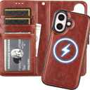 Bocasal for iPhone 16 Wallet Case Compatible with MagSafe Wireless Charging, RFID Blocking Magnetic Leather Case with Card Slots Holder Kickstand Detachable Wrist Strap 6.1 Inch (Brown)