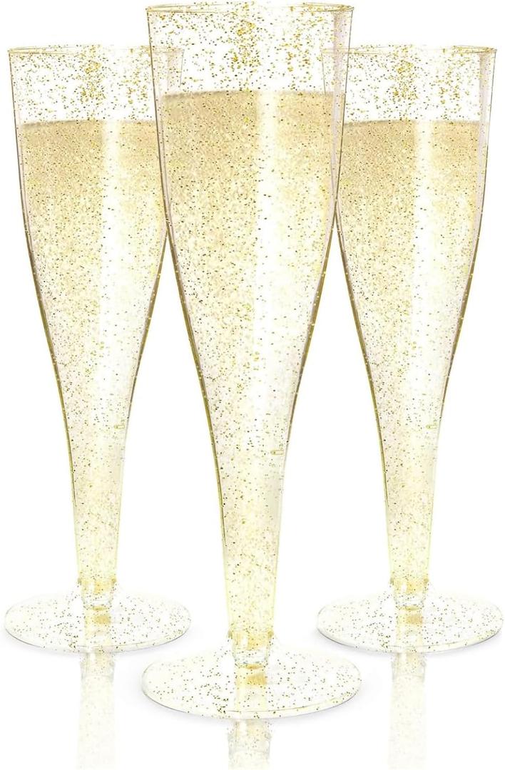 Prestee 100 Gold Plastic Champagne Flutes - 4.5 oz Disposable Champagne Glasses for Toasting at Weddings, Mimosas, Cocktails, Great Gatsby Party Decorations, and Events, Gold Glitter