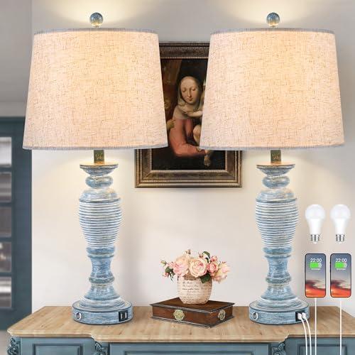 Ireliare Blue Lamps Set of 2, 27.7" Table Lamps for Living Room with USB A+C Ports, Touch Lamp for Bedroom, 2 Bulbs Included